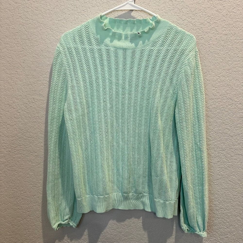 J. Crew Mint Green Open Knit Ruffle Mock Neck Stretchy Sweater - Size L - EUC